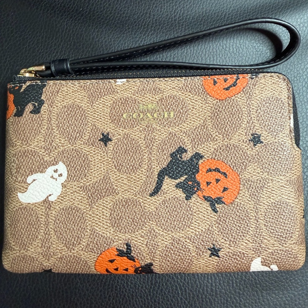 Coach Halloween Signature Canvas Wristlet - Brown with Orange & Black Accents